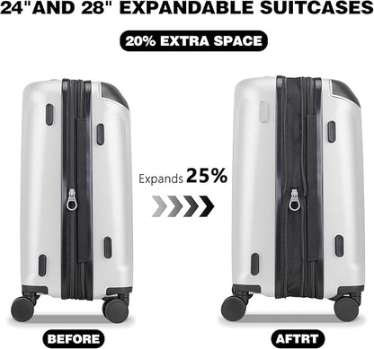 Luggage Sets 3 Piece with Cup Holder & USB Port, Expandable PC Hardside Durable Suitcases with Spinner Wheels & TSA Lock, 20/24/28 Inch, White