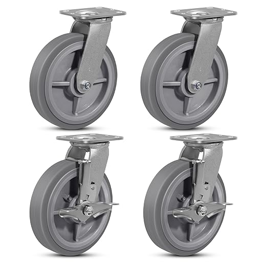 8"x2" Rubber Wheels (Flat Tread)- Heavy Duty Casters, Industrial Caster Wheels- Set of 4 with up to 4800 LB Capacity- Use for Dollies, Workbench(2 Brake &2 Swivel)
