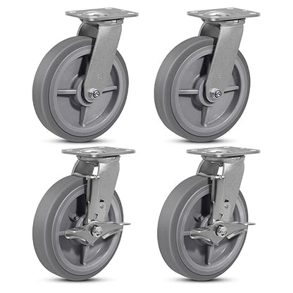 8"x2" Rubber Wheels (Flat Tread)- Heavy Duty Casters, Industrial Caster Wheels- Set of 4 with up to 4800 LB Capacity- Use for Dollies, Workbench(2 Brake &2 Swivel)