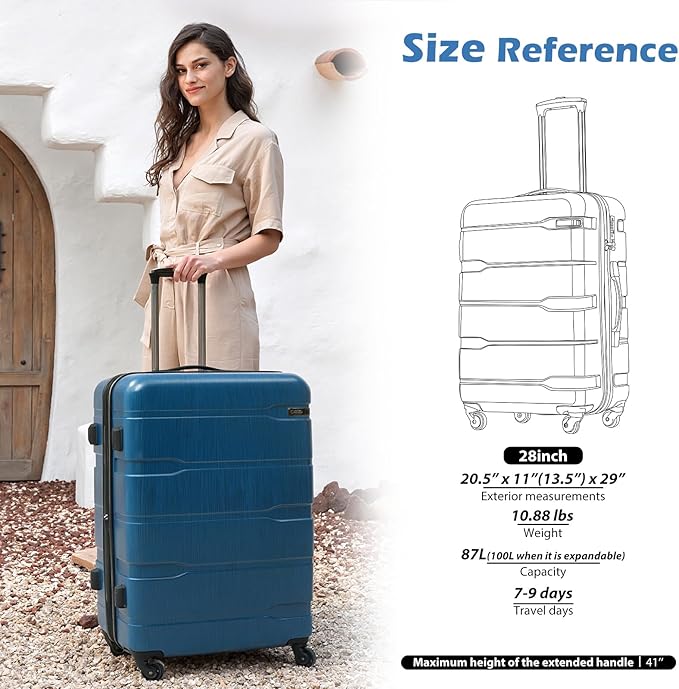 Coolife Luggage PC+ABS Expandable Hardshell Suitcase with TSA Lock, Spinner Checked Lightweight (Caribbean Blue, 28in)