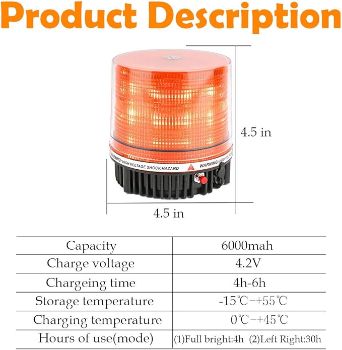 LE-JX Amber Wireless Rotating Beacon Orange Battery Led Strobe Warning Light Roof Top Plow Hazard Flash Emergency Mail Lights 12 V with Magnetic Base Mount and Rechargeable Plug (Yellow, 18 LED)