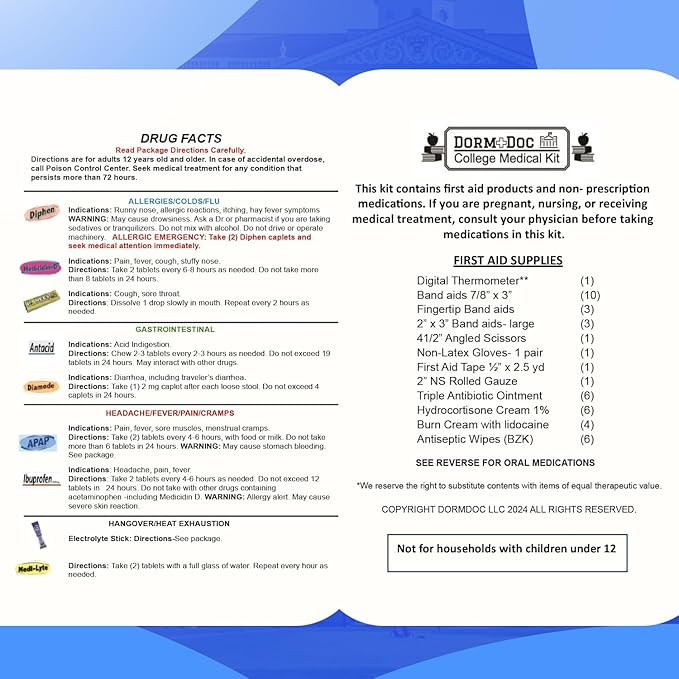 College First Aid Kit – Compact Emergency Medical Kit for Dorm Rooms, School, Sports – with Bandages, OTC Medicines for Relief, Gauze, Quick Care Set – Portable Health Kit - 175 PCS, Blue