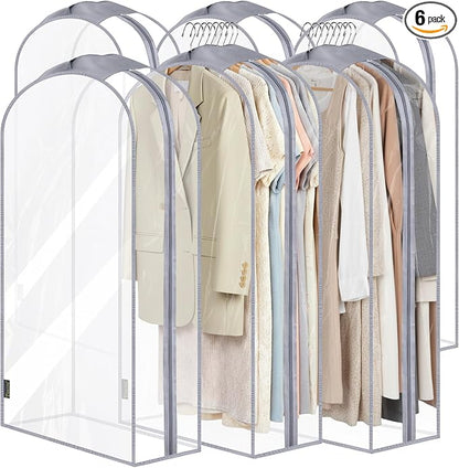 BALEINE 40'' Clear Garment Bags for Hanging Clothes, 10.5'' Wide PEVA Suit Bag for Closet Clothes Dresses Coat (Clear, 6PK)