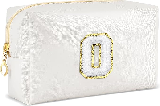 Gifts for Girls Initial Makeup Bag Personalized Cosmetic Bag with Zipper Cute Travel Toiletry Bags Waterproof PU Preppy Makeup Pouch Birthday Gift for Teen Girls Women(White O)