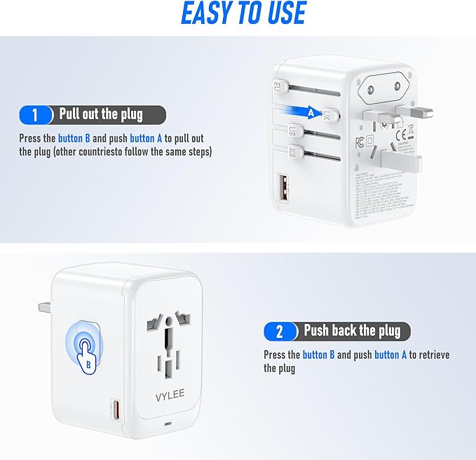 Travel Plug Adapter, 65W Fast GaN Travel Charger, International Plug Adapter with 3 USB-C PD and 1 USB-A QC with US/EU/UK/AU Convenient for iPhone,Samsung,Laptops