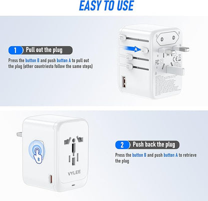 Travel Plug Adapter, 65W Fast GaN Travel Charger, International Plug Adapter with 3 USB-C PD and 1 USB-A QC with US/EU/UK/AU Convenient for iPhone,Samsung,Laptops