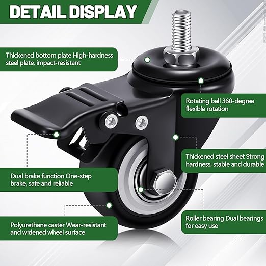 Set of 12 M8 Caster Wheels 1.5 Inch M8 x 25 mm Swivel Threaded Stem Caster Locking Standing Desk Wheels Heavy Duty 360° Polyurethane with Dual Brake, No Noise, 400 lb for Cart Desk Furniture