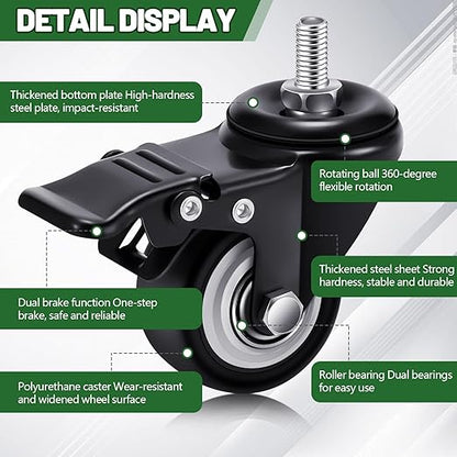 Set of 12 M10 Caster Wheels 1.5 Inch M10 x 15 mm Swivel Threaded Stem Caster Locking Standing Desk Wheels Heavy Duty 360° Polyurethane with Dual Brake, No Noise 400 lb for Cart Desk Furniture