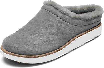OLUKAI Mani Women's Leather Mule Slippers, Soft & Comfortable Slippers with Fleece Lining, Thick Rubber Outsole, All-Day Wear