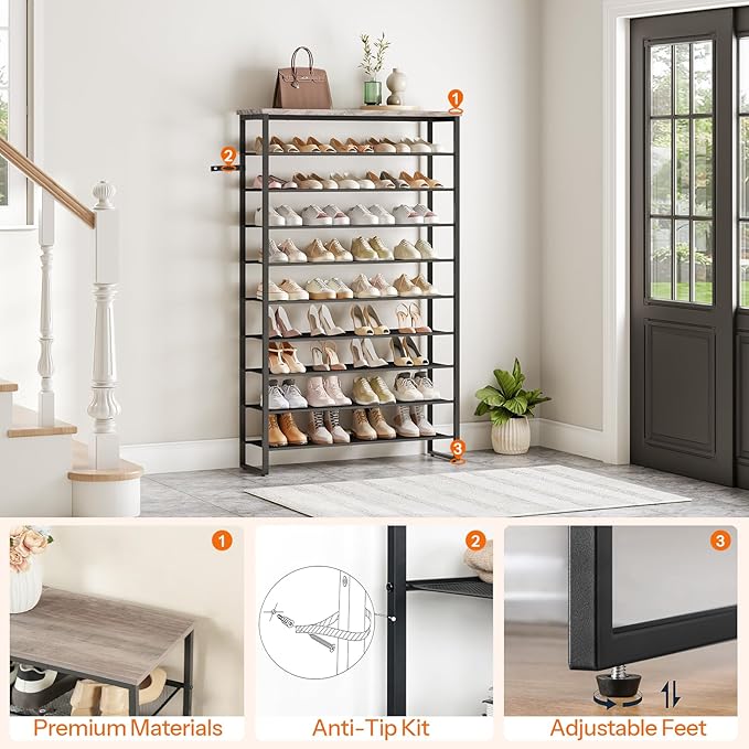 HOOBRO 10-Tier Shoe Rack, 39.4" L Shoe Storage Organizer, Large Capacity Shoe Shelf for Front Door Entrance, Entryway, Hallway, Holds 45-50 Pairs of Shoes, Closet, Greige and Black BG171XJ01