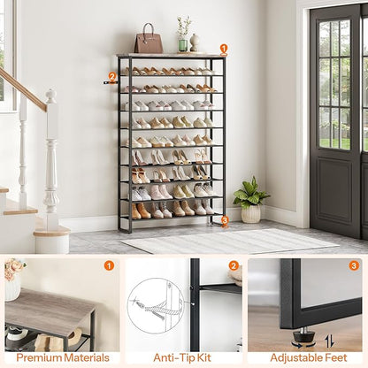 HOOBRO 10-Tier Shoe Rack, 39.4" L Shoe Storage Organizer, Large Capacity Shoe Shelf for Front Door Entrance, Entryway, Hallway, Holds 45-50 Pairs of Shoes, Closet, Greige and Black BG171XJ01