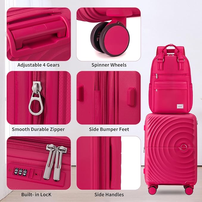 LARVENDER Carry On Luggage Set 22x14x9 Airline Approved, Expandable 20 Inch Carry-On Suitcases With Wheels, Lightweight Luggage Sets 3 Pieces With Backpack, Rose Red