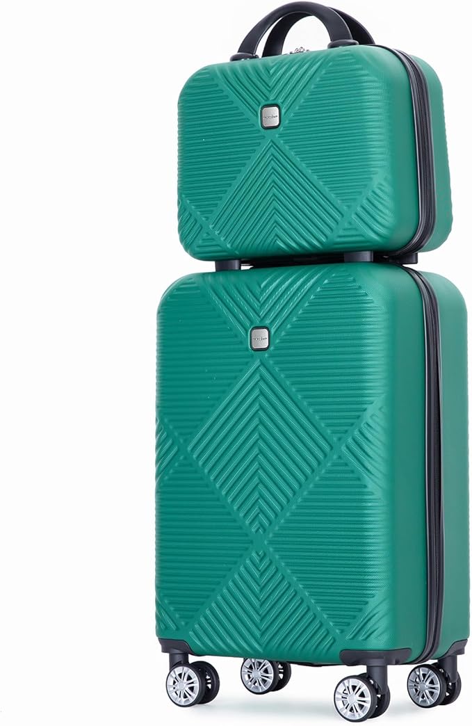 2 Piece Carry on Luggage Set, Airline Approved 20 Inch Luggage with Cosmetic Case HardShell Suitcase with Spinner Wheels, Lightweight Durable Hardside Suitcases Set, Dark Green