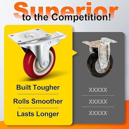 Caster Wheels 2 Inch, Heavy Duty Caster Wheels Set of 4, Swivel Castor Wheels with Dual Locking Brakes, Silent Polyurethane (PU), 360° Rotation, for Furniture and Workbench, Load 600lbs
