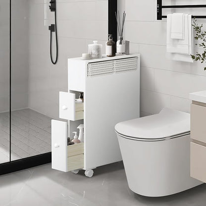 MASAKA B&W Slim Bathroom Storage Cabinet, Side Storage Organizer Toilet,Toilet Paper Storage, Movable Bathroom Storage Cabinet with 2 Drawers and Shelf, Corner Shelves
