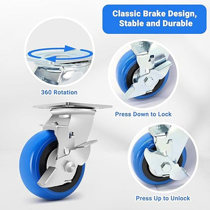 W B D WEIBIDA 5 Inch Heavy Duty Casters Set of 4, Smooth Rolling Caster Design for Cart Wheels, 3500 LBS Industrial Grade Castors with Upgraded Thickened Bracket, Durable Castors (4 Brake)
