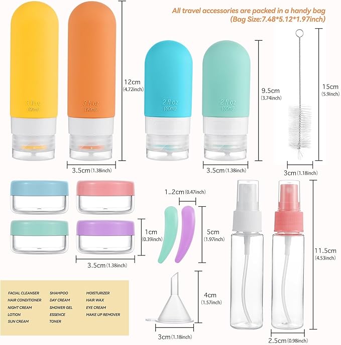 16Pcs Travel Bottles for Toiletries, Silicone Travel Bottles Set, TSA Approved, BPA Free Leak Proof Squeezable Tubes for Shampoo Conditioner Lotion Soap with Labels