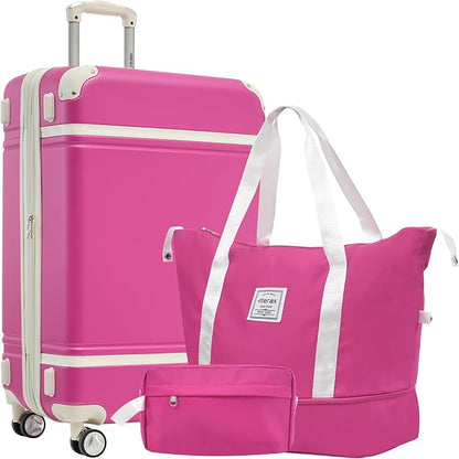 Merax Luggage Set,28 IN Hardside Suitcase with Duffel Bags,3 Piece Expandable Luggage with Spinner Wheels, Vintage Luggage with TSA Lock Lightweight,(Pink)