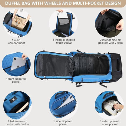 CONTAIL 86L Wheeled Duffel Bag, Soft Shell with Adjustable Web Handles, Carry On Size 29.5x14.2x12.6in, Foldable with Dual Wheels & Shoe Compartment,Blue