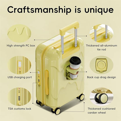 ROAMING 26 Inch PC Hard Sided Checked-Large Luggage with TSA Lock Cup Holder USB Charging Port and Spinner Wheels Lightweight Durable Ice Cream Travel Suitcase for Women Cheese yellow