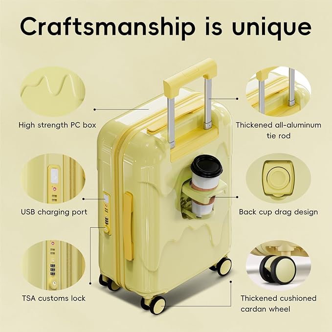 ROAMING 20-Inch Carry On Luggage Airline Approved Lightweight PC Hardside Rolling Suitcase with TSA Lock Cup Holder USB Charging Port and Spinner Wheels for Women Ice cream suitcase Cheese yellow