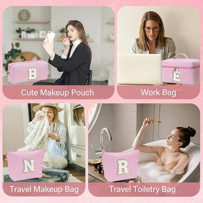 Personalized Monogram Makeup Bag, 3PCS Custom Monogrammed Toiletry Cosmetic Bag for 6-18 Teen Girls Women,Birthday Graduation Gifts Initial Pouch Makeup Bags for Women Girls, Make Up Bag (N, Pink)