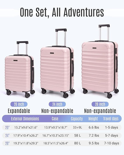 LIGHT FLIGHT Luggage Sets, 3 Piece Durable Suitcase Set with Spinner Wheels, 3 Pcs Hardside Lightweight luggage with TSA Lock, Large Checked Travel Suitcases, 20/24/28 Inch, Pink