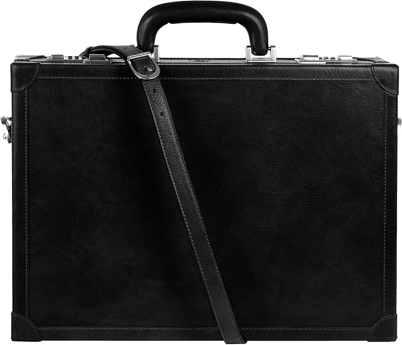 Time Resistance Leather Attache Case - Full Grain Italian Leather Briefcase - Laptop Bag up to 15” - Hard Case with Lock