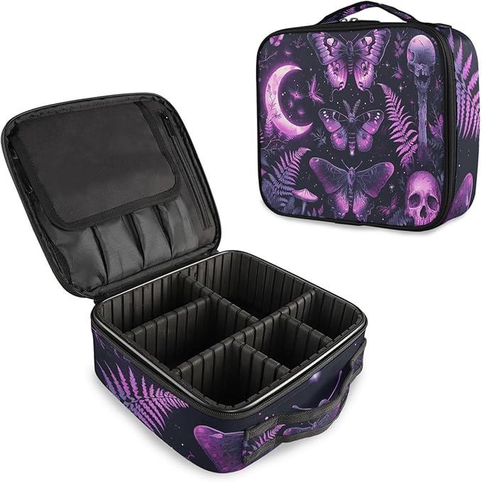 MNSRUU Travel Makeup Bag, Gothic Skull Butterfly Women Makeup Case Organizer Cosmetic Toiletry Bag for Teenage Girl with Adjustable Dividers
