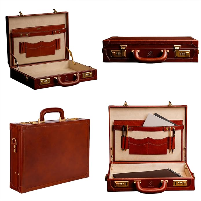 Time Resistance Leather Attache Case - Full Grain Italian Leather Briefcase - Laptop Bag up to 15” - Hard Case with Lock