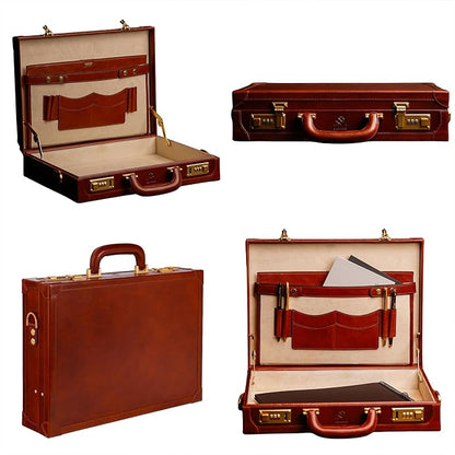 Time Resistance Leather Attache Case - Full Grain Italian Leather Briefcase - Laptop Bag up to 15” - Hard Case with Lock