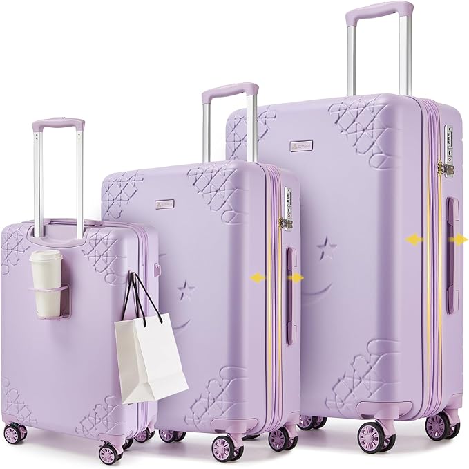 Somago 3 Piece Luggage Set with Cup Holder, Expandable 25% Capacity Suitcase with Shock-Absorbing Braking Spinner Wheels Moon Star Design Hardside Suitcase with TSA Lock (Light Purple,Expandable Sets)