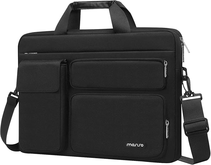 MOSISO Laptop Shoulder Bag 13.3 inch, 13-14 inch Computer Bag Compatible with MacBook Air/Pro 13 / Pro 14, HP Dell ASUS Lenovo with 2 Raised&1 Flapover&1 Horizontal Pocket&Handle&Belt, Black