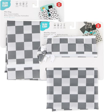 Bumkins - Waterproof Wet Bag & Wet/Dry Clutch Bags - For Beach, Baby, Travel, Swim Suit, Cloth Diapers, Pump Parts, Pool, Gym, Toiletries - Reusable & Easy to Clean - Gray Check - 2 Pack