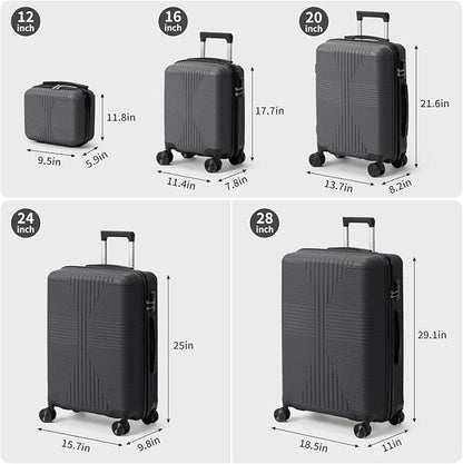 Karl home Luggage Sets 5 Piece, PP Hard Case Suitcase Set with Built-in Lock Spinner Wheels, Lightweight Durable Carry on Luggage for Business Travel - Dark Grey (12/16/20/24/28")