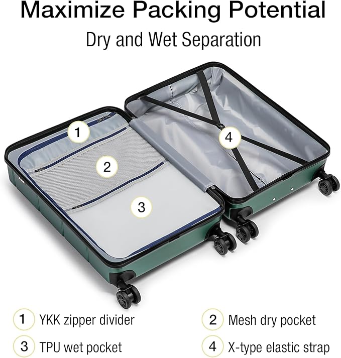 KYME 26 Inch Luggage TSA Approved Hardshell Suitcases with Spinner Wheels Durable Medium Travel Checked Luggage with Cup Holder for Women Men Green