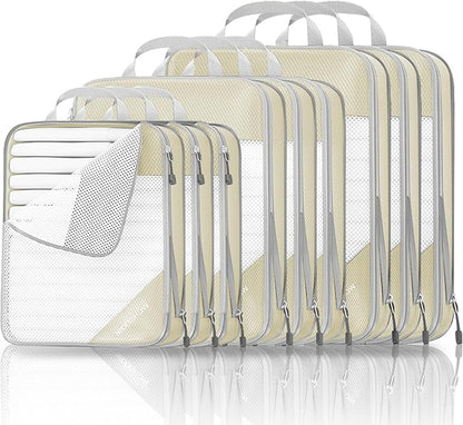 9 Set Compression Packing Cubes for Travel - Compressible, Lightweight, and Space-Saving Packing Cubes, Travel Essentials for Women, Beige