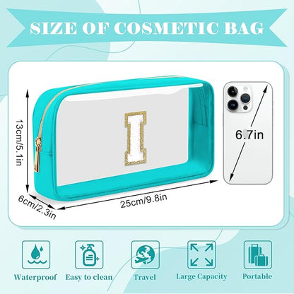 Personalized Initial Letter Clear Makeup Bag,Preppy Small Nylon&PVC Cosmetic Zipper Bag with Chenille Letter,Portable Beach Travel Skincare Toiletry Bag,Trendy Monogram Gift for Teen Girls Women,I