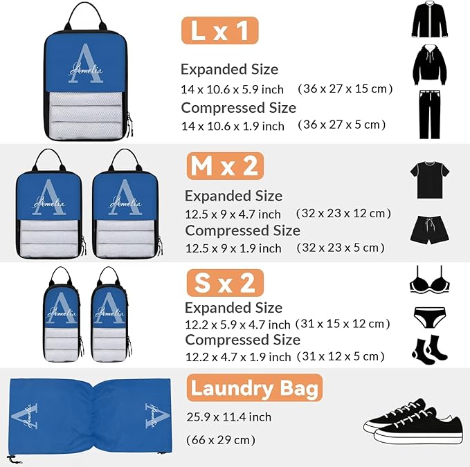 Personalized 6 Set Compression Packing Cubes for Travel Accessories Custom Name Luggage Carry On Suitcase Compressible Expandable Packing Organizer, Blue Initial