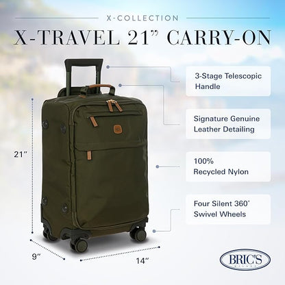 Bric's X-Travel 21” Carry-On Spinner – Luxury Softside Luggage with 360° Wheels, Recycled Water-Resistant Fabric, Interior Pockets, and Leather Details – Olive