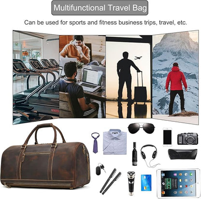 Genuine Full-grain Leather Travel Bag Large Capacity Duffel Luggage Bag with Shoe Compartment, Men Women Weekend Shoulder HandBag for Holiday Trip