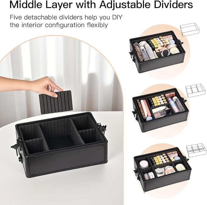 Professional Rolling Makeup Case, Cosmetology Case on Wheels 4 in 1 Large Cosmetic Train Case, Ideal Gift for Hairstylist, Nail Techs, Portable Beauty Organizer for Travel or Salon Use,Black