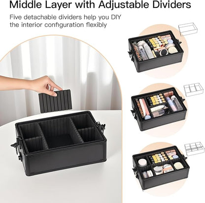 Professional Rolling Makeup Case, Cosmetology Case on Wheels 4 in 1 Large Cosmetic Train Case, Ideal Gift for Hairstylist, Nail Techs, Portable Beauty Organizer for Travel or Salon Use,Black