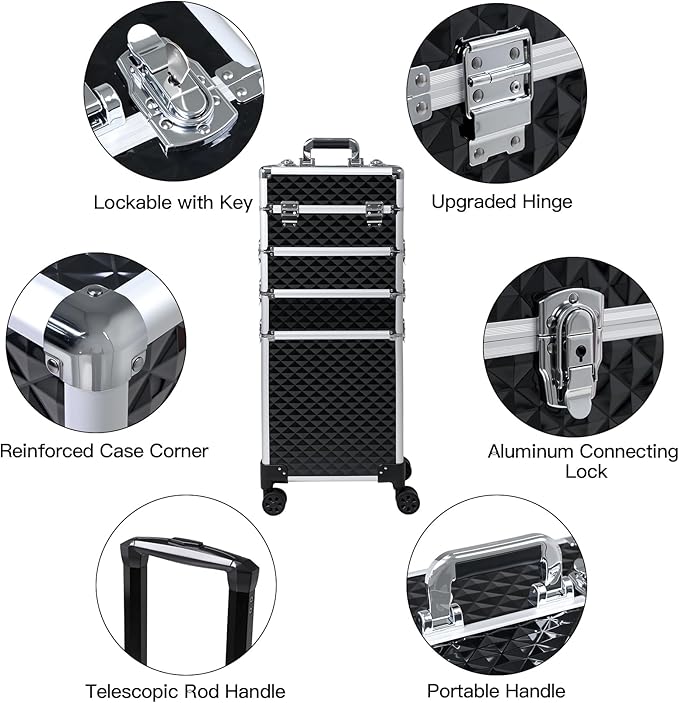 Professional Rolling Makeup Case, Cosmetology Case on Wheels 4 in 1 Large Cosmetic Train Case, Ideal Gift for Hairstylist, Nail Techs, Portable Beauty Organizer for Travel or Salon Use