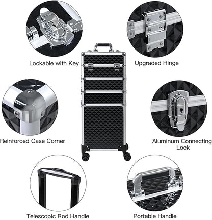 Professional Rolling Makeup Case, Cosmetology Case on Wheels 4 in 1 Large Cosmetic Train Case, Ideal Gift for Hairstylist, Nail Techs, Portable Beauty Organizer for Travel or Salon Use