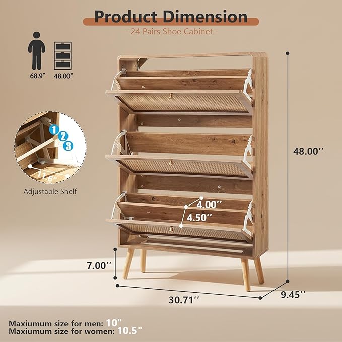 Rattan Shoe Cabinet with 3 Flip Drawers, 24 Pairs Narrow Shoe Storage Cabinet for Entryway Freestanding Hidden Shoe Rack, Modern Slim Wood Shoe Organizer for Hallway, Natural