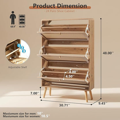 Rattan Shoe Cabinet with 3 Flip Drawers, 24 Pairs Narrow Shoe Storage Cabinet for Entryway Freestanding Hidden Shoe Rack, Modern Slim Wood Shoe Organizer for Hallway, Natural