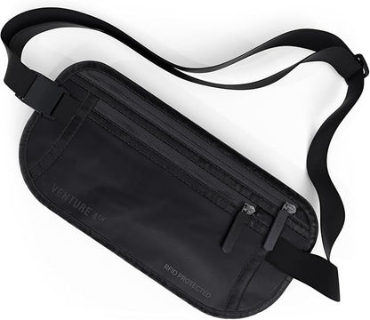 VENTURE 4TH Money Belt for Travel – Hidden Under-Clothes RFID Blocking Passport Holder & Slim Travel Wallet Pouch for Men & Women to Protect Cash, Cards & Documents (Sleek Black)