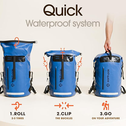 Earth Pak Waterproof Backpack - Heavy Duty Roll-Top Closure with Easy Access Front-Zippered Pocket and Cushioned Padded Back Panel for Comfort with IPX8 Waterproof Phone Case, Blue, 85L, Messenger Bag