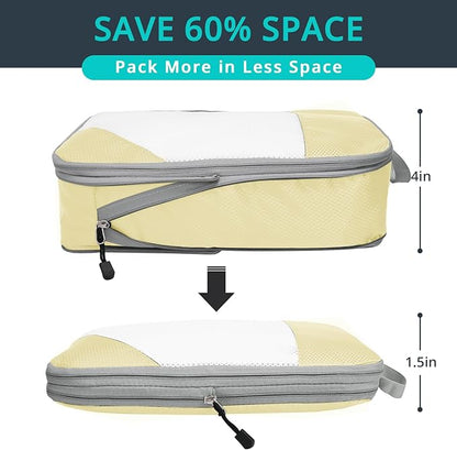 Compression Packing Cubes 6 Set, Compressible Space-Saving Packing Cubes for Travel - Compression Bags, Luggage Organizer, Travel Essentials for Women, Light Yellow